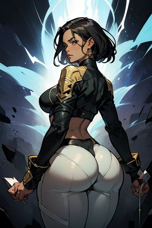 (high resolution, pixel perfect, gorgeous illustrations), (hyper quality, muste piece, etheric: 1.4), (1girl), stand,open legs, ((looking_back)),
((hand_on_own_ass)), ((((ass_focus)))), (very_short_hair, messy_hair), yellow eyes, ((((anger)))), (((((((muscular))))))), ((thick thighs)), (((wide hips))), ((Big breasts that are about to burst)), fighter, (((woman))), ((mature woman)), (((wh_chi_armor))), (lewd woman), (shiny skin), (((facial lash))),