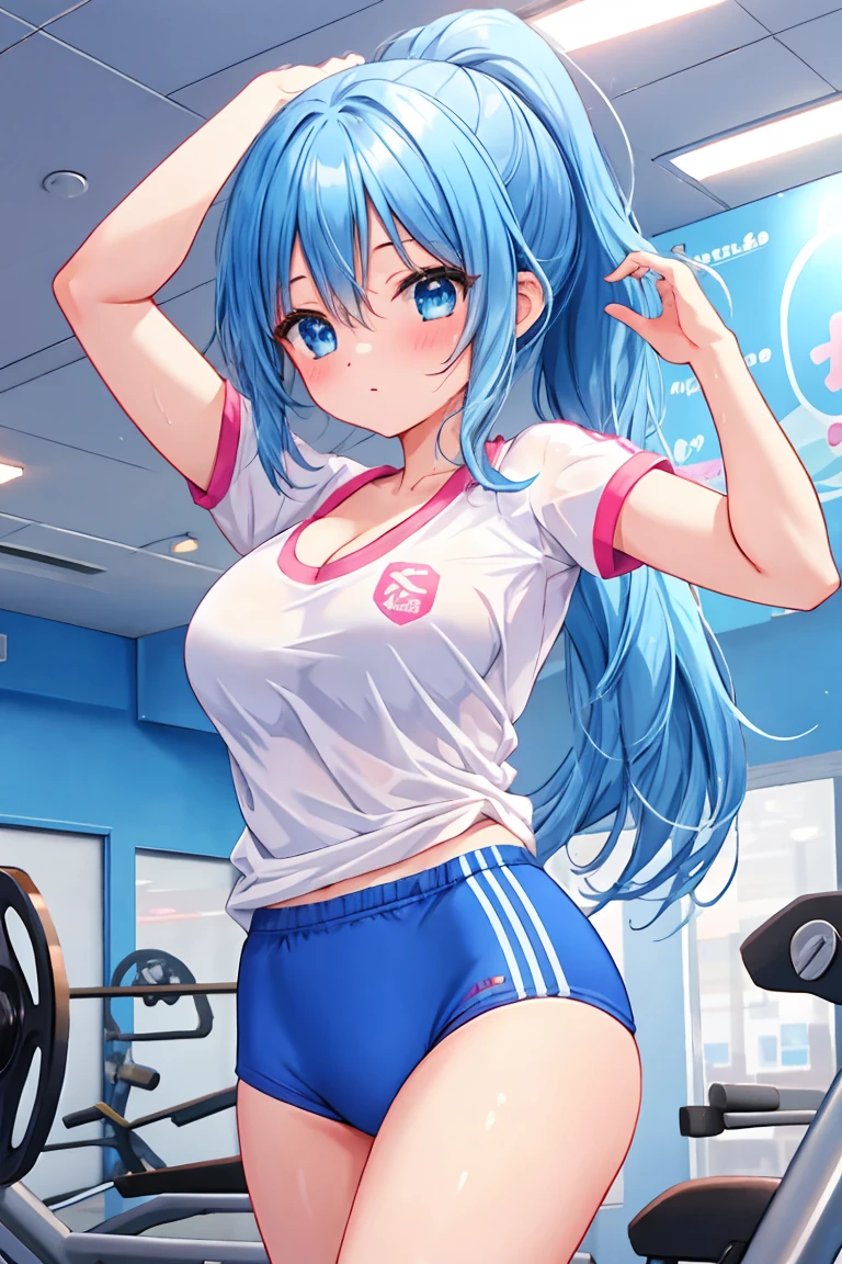 1girl, bluenette hair, light blue hair, gym clothes, stretching, rich girl