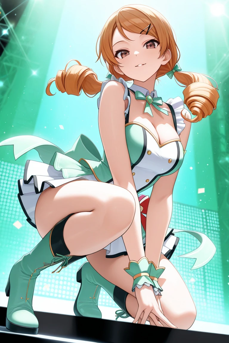 Silence Suzuka、blush,smile、Horse Girl、Green costume、In uniform、Primary school students、The back is very small、Lolita、Small breasts、Please show me your armpits、exterior: 12 years old、Shoulder Bare、The clavicle is visible、Sexy thighs、Beautiful legs、Usual hairstyle、highest quality, High resolution, unity 8k wallpaper, (shape:0.8), (Beautiful and beautiful eyes:1.6), Highly detailed face, Perfect lighting, Highly detailed CG, (Perfect hands, Perfect Anatomy),(((vaginal,sex)))