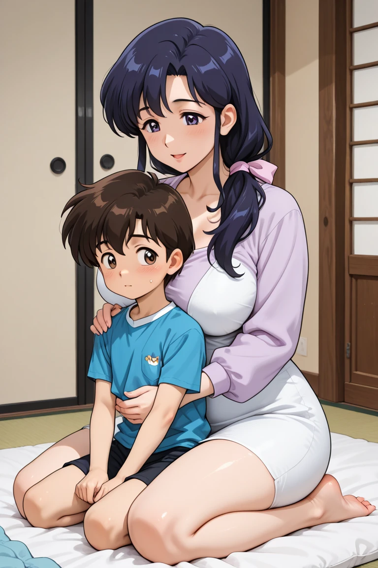 8 year old boy,white shirt,black shorts,Hugging a woman,30 year old Japanese woman,Mother,housewife,blush,smile,huge breasts,mature woman,white shirt,Blue denim pants
