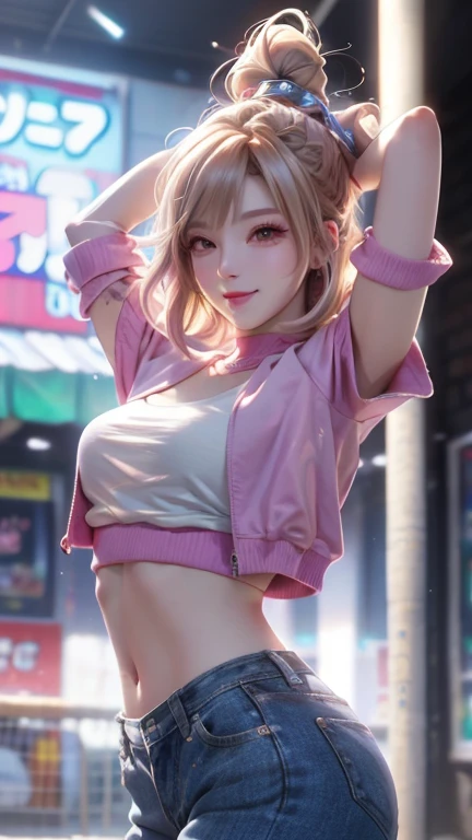 (masterpiece:1.3, top-quality, ultra high res, ultra detailed), (realistic, photorealistic:1.4), beautiful illustration, perfect lighting, natural lighting, colorful, depth of fields, 
beautiful detailed hair, beautiful detailed face, beautiful detailed eyes, beautiful clavicle, beautiful body, beautiful chest, beautiful thigh, beautiful legs, beautiful fingers, 
looking at viewer, 1 girl, japanese, high school girl, perfect face, (perfect anatomy, anatomically correct), cute and symmetrical face, babyface, , shiny skin, 
(short hair:1.5, pixie cut:1.4, brown hair), swept bangs, cliped bangs, dark purple eyes, long eye lasher, (medium breasts), slender, 
(((long sleeve pink fur jacket, round-neck black sweater, silver tight skirt)), necklace, , 
(beautiful scenery), evening, (downtown), standing, hands on chest, (seductive smile, open mouth), 
