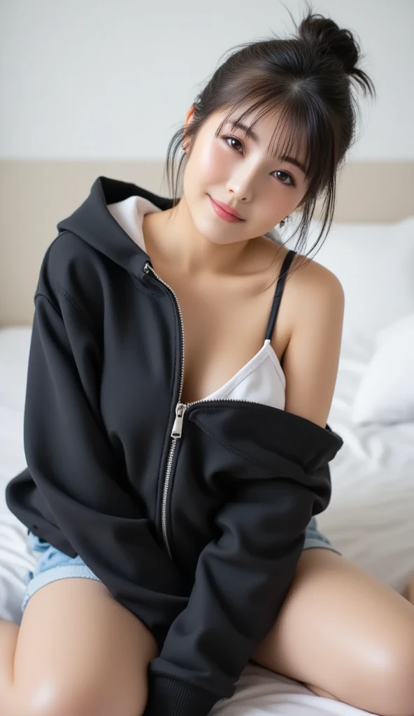Anime Girls、Black Hair、piece、smile、blush、Being photographed、hoodie、No underwear、bottomless、nfsw、