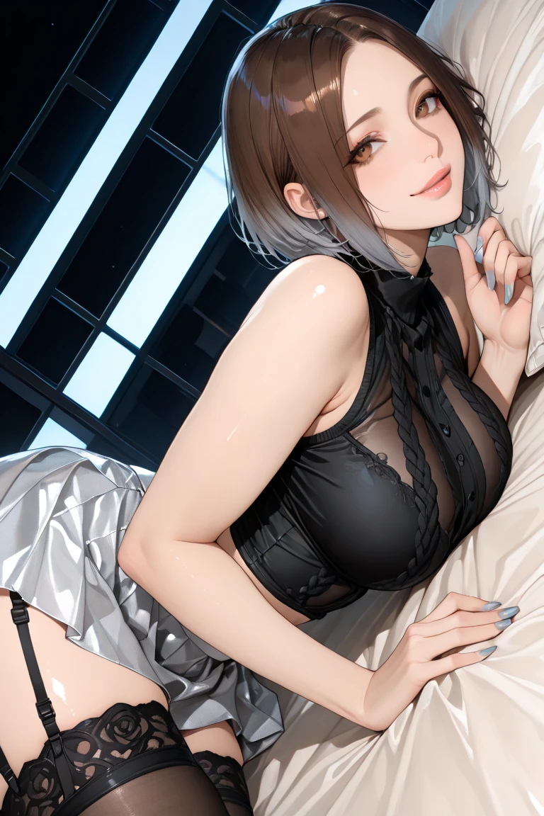 (masterpiece, Best Quality, High resolution), (1 very cute girl), brown super short hair, blue eyes, (beautiful large breasts:1.2), cleavage, playboy bunny, (black strapless bunny leotard, bowtie, black rabbit ears, cuffs, white rabbit tail, fishnet pantyhose, stiletto heels), (shoot the whole body:1.2), armpits, Glow, (stretch both arms upward:1.1), (join both wrists together:1.1), (arch the body backward:1.1), kneeling, on the bed, night, (sensual:1.5)