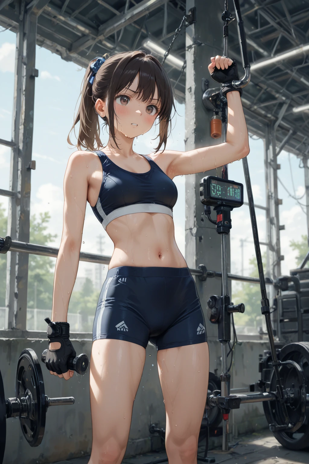 masterpiece, 4K, of the highest quality, bow ribbon, Sports Bra, Latex Shorts, is standing, arms folded,、cool expression Beautiful gym, Brown-eyed, Short_hair, Small_Breast, looking at the viewers 、Heavy sweat、1 persons