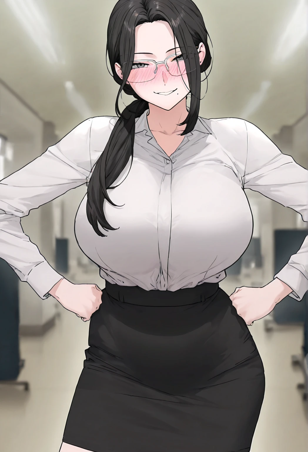 A woman with very long (black hair:1.5) and very long bangs, wearing a business outfit consisting of a suit, pencil skirt, and pantyhose, stands in a monochrome setting. The artwork is inspired by manga and incorporates a doujin style. The woman appears to be (wetting herself:1.5), which causes her to feel embarrassed and humiliated, resulting in a blush on her face. In addition, there is an air of anger in her expression. The lighting in the scene is moody, with a spotlight highlighting the woman's figure. She is crossing her arms, (arms crossed:1.5), fully showcasing her skirt., medium breasts