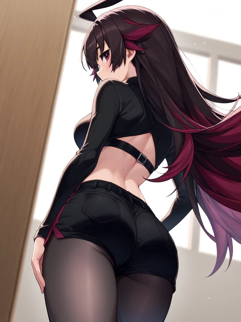 (highres,4k,8k,masterpiece:1.2), 1 girl, standing split, long flowing hair, dressed in a sleek black sleeveless short vest and a vibrant pink skirt, showcasing her full body. She is wearing elegant high heels, adding a touch of sophistication to her appearance,