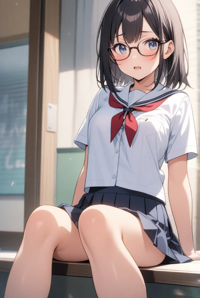 score_9, score_8_up, score_7_up, score_6_up, score_5_up, score_4_up, (source_anime), young girl, spread legs, tactile hair, black hair, glasses, Changing Room, big breasts, sailor suit, Pleated skirt, black pantyhose, brainwashed, hollow eyes, sweaty, cum in pussy(((NSFW)))((question mark))((lower body))