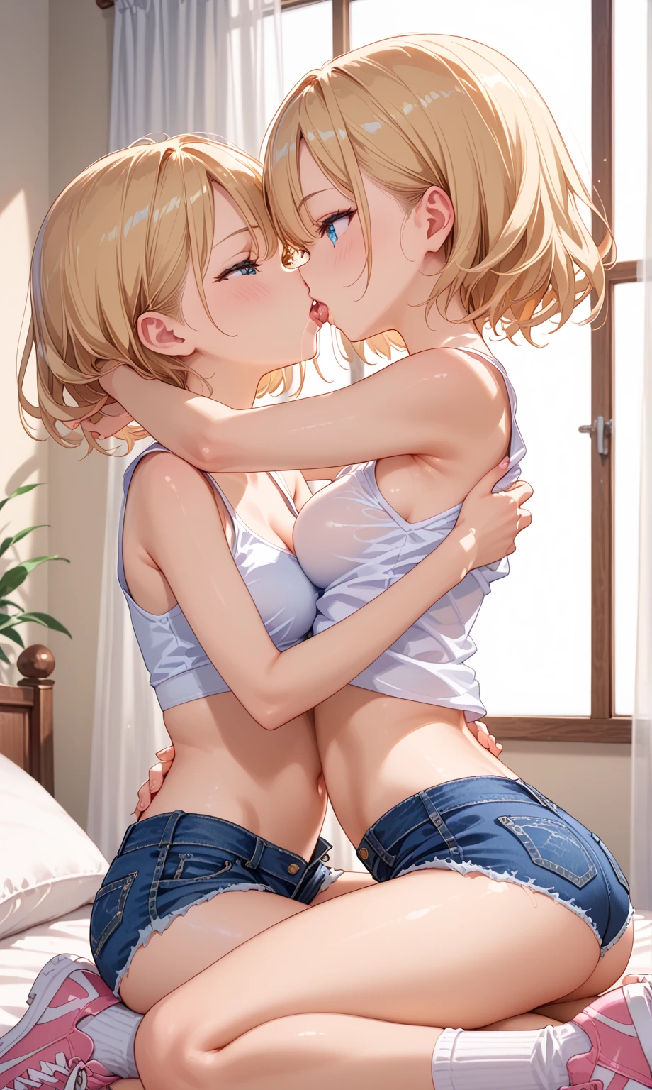 NSFW、(Anatomically correct、Masterpiece、Highest quality、Tabletop、Detailed construction)、(((Two beautiful girls, one with silver hair and the other with blonde hair and dark skin.)))、White shirt、(((Lesbian、Touching each other's crotches)))、(((Sweat)))、(((body fluid)))、(((Body odor、Sweat染み)))、(((pussy)))、(((Love juice)))、(((Fingering)))、((Pubic hair))、(((Gazing at each other)))、((Nipples become erect))