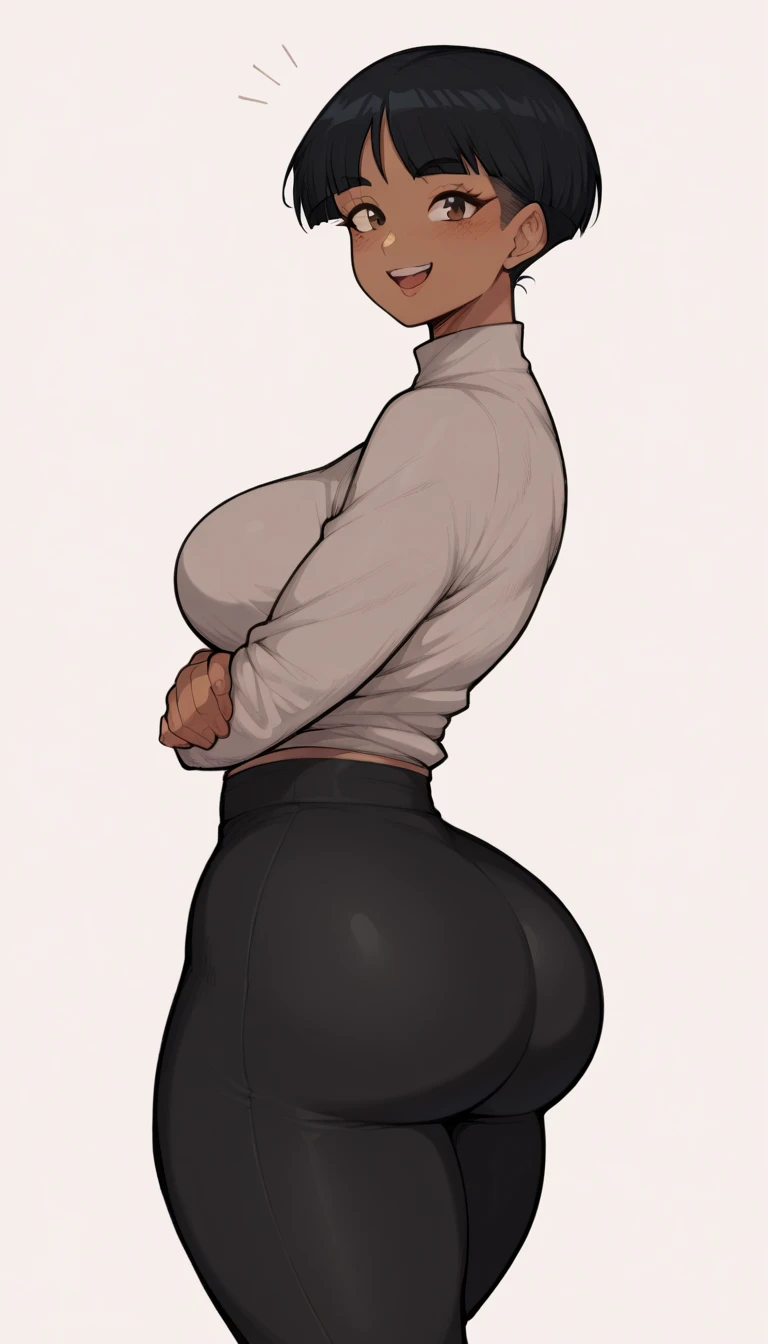 A dark skinned African American woman with big breasts, a big butt, thick thighs, big lips and nose, unbuttoning her top, multiple views
