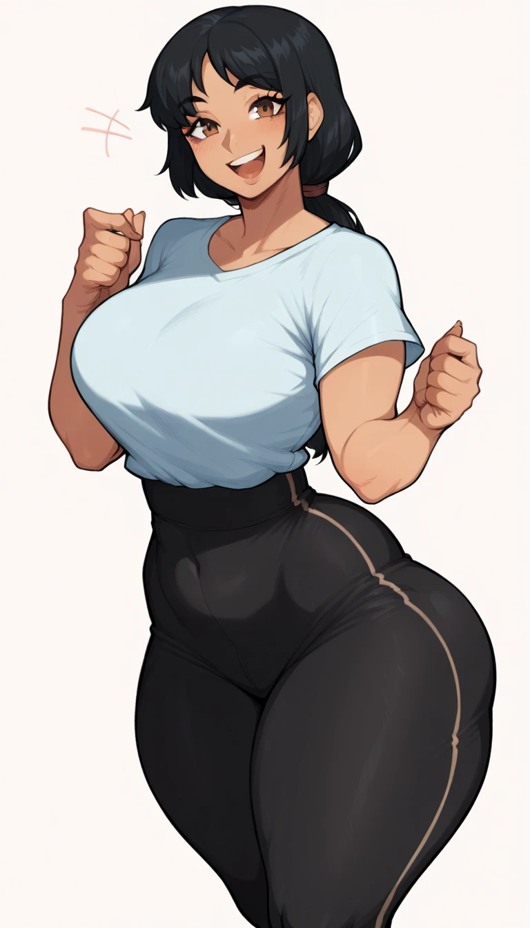 (1 girl), ((muscular)), horns, big breasts, (thick thighs), short black hair, blue eyes, smiling, wearing a black cropped shirt and black yoga pants