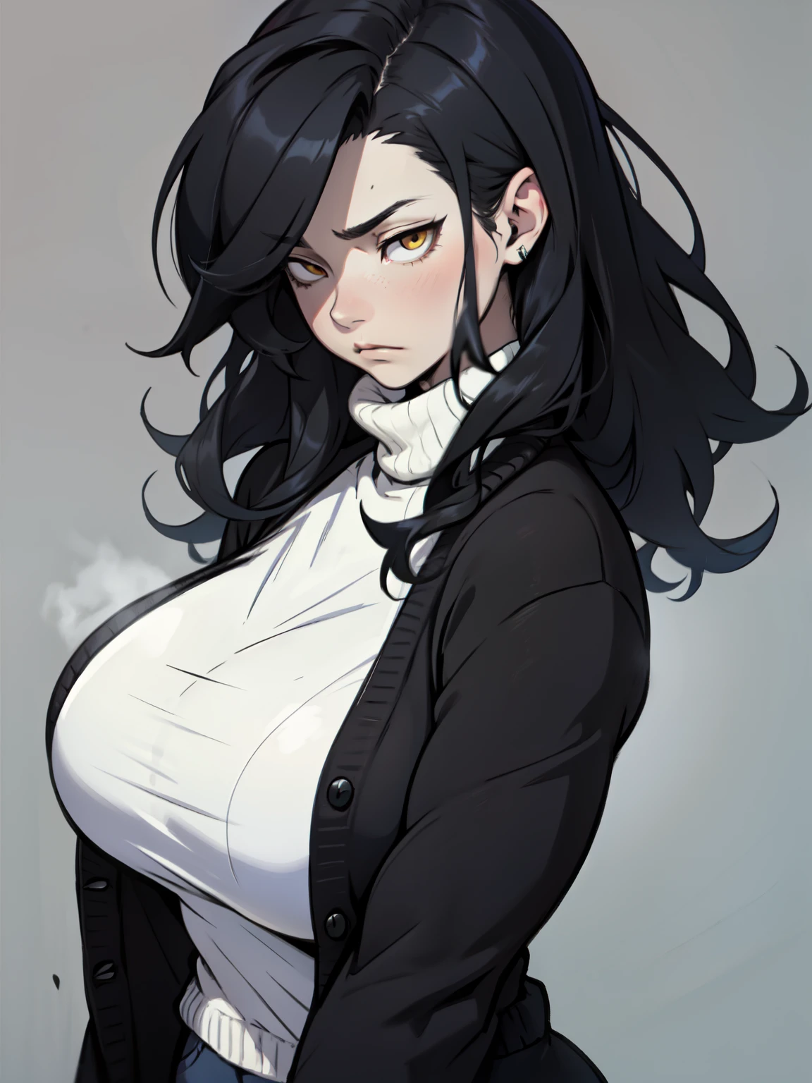 bunny girl black hair yellow eyes pale skin muscular girl bunny costume bunny girl seductive expression