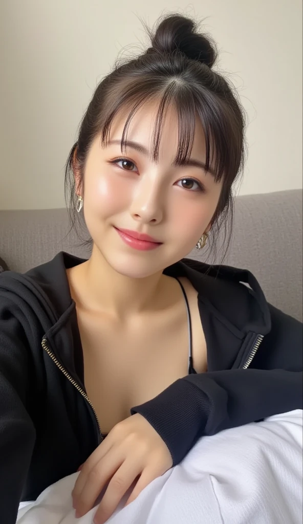highest quality,masterpiece,Ultra-high resolution,(Realistic:1.4),Beautiful lighting, (Highly detailed CG Unity 8k wallpaper), Beautiful face in every detail,Detailed clothing, 50mm portrait photography, No background、One Girl,Big black eyes, cute, young, Pause, Facial Lighting, Physically Based Rendering,Written boundary depth , Black Hair, ,(Serious face), ((Take from above)), (Please open your mouth wide),Japanese women、20-year-old、White knit sweater、(Big Breasts)、(Upper Body)、Young and beautiful woman taking a selfie, Shoot yourself