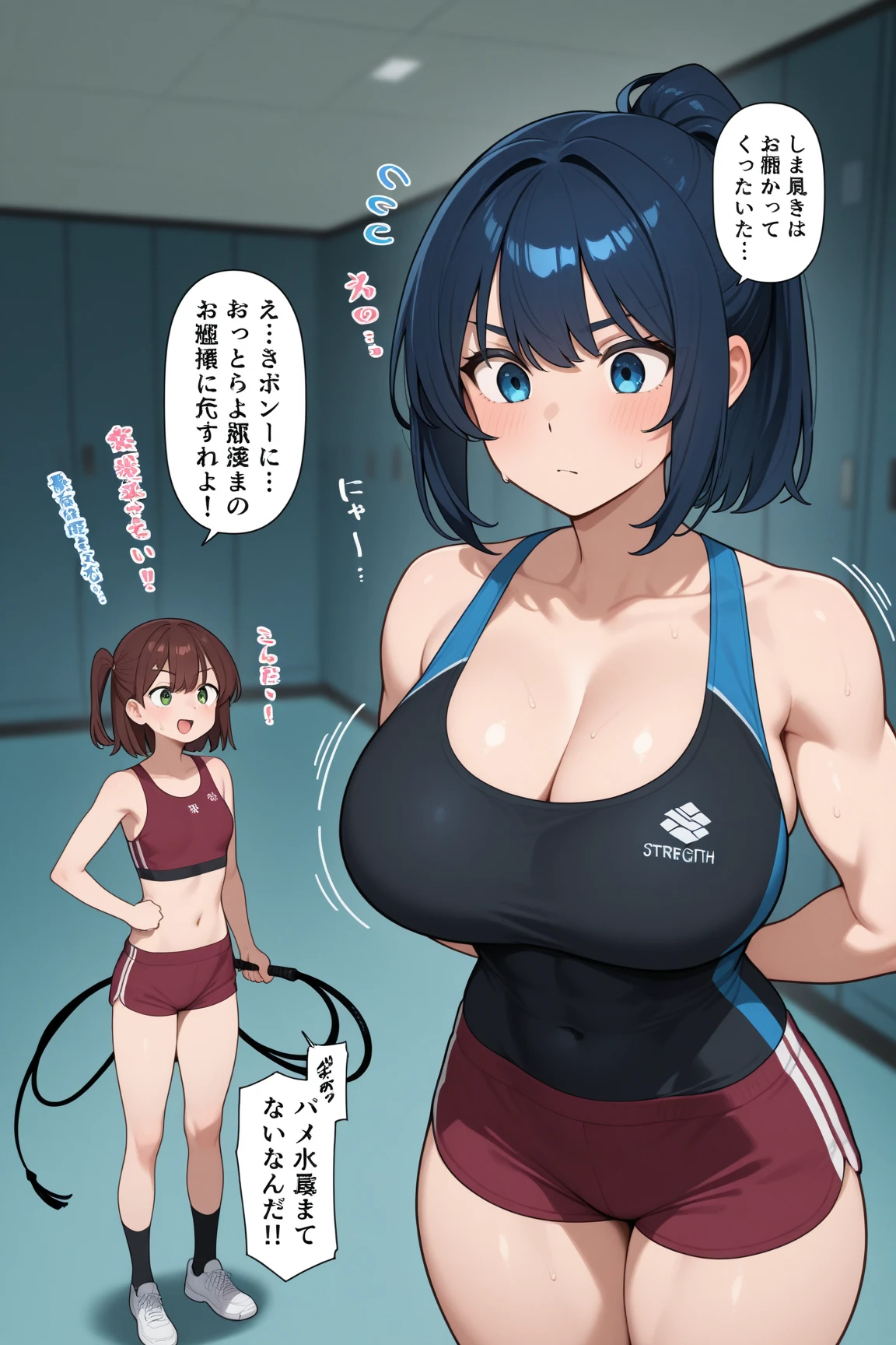 gym, exersice, workout, hot, sweating, sweaty, tan, big boobs, tan skin, flustered, blush, black clothes, see thru, yoga pants, doing yoga, yoga mat, standing in front of his little brother who is embarrassed