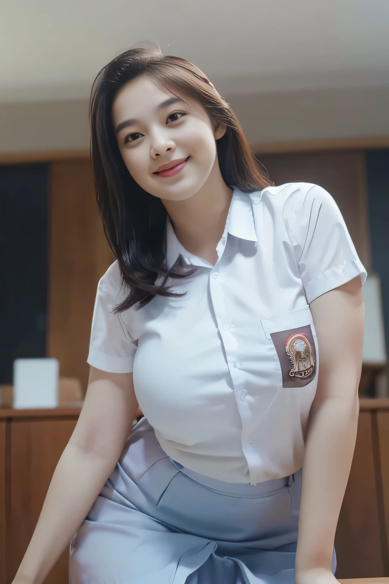 1girl, solo, 19 years old, (uniform), portrait, symmetric pose, thick breasts, semi-curvy body, smooth realistic skin, cute smile, white shirt, grey blue short skirt, looking at the audience, low angle shot,(8k, RAW photo, best quality, masterpiece: 1.3), (realistic, realistic: 1.37), ultra-high resolution, cowboy shot