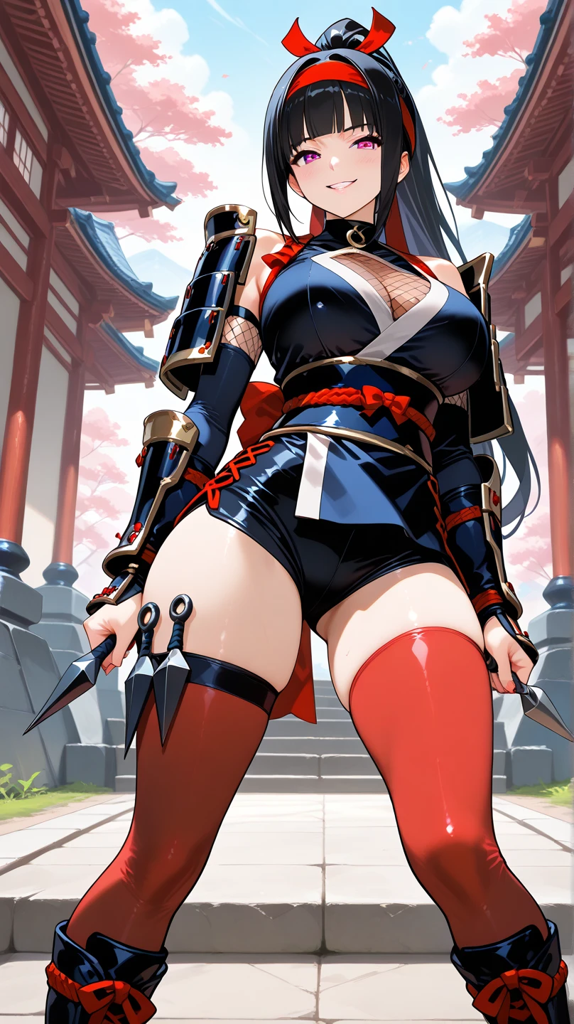 brown hair、Waist-length hair、Red Eyes、Beautiful eyes、Delicate Eyes、Droopy eyes、Pink Lips、Pink and white leotard、Beautiful white belt、Digging into the crotch、Female ninja、Fishnet tights、Cleavage、White forehead protector、White Gauntlets、ponytail、White Headgear、Tabi shoes、Ninja sword、On the roof at night、Angle from below、Issue a slash、Quick Movement、