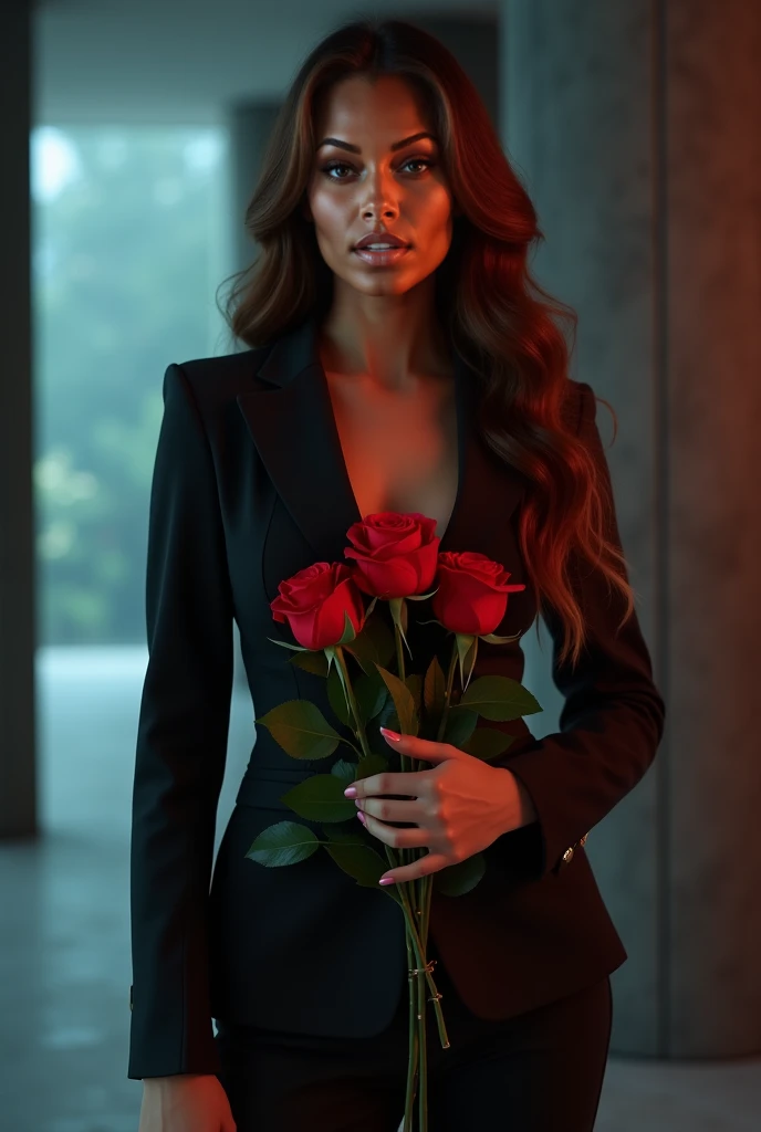 woman, long straight black hair, big bust, yellow dress, black and white silhouette image, full body, red roses around, looking at the camera, photorealistic