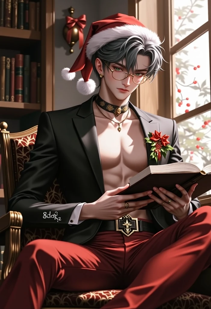 Asia handsome man in underwear reading a book in front of a christmas tree, reading a book, reading new book, dramatic reading spell book pose, dramatic reading book pose, he holding a large book, trying to read, story book for adults, with tattoos, reading the book about love, holding a book,sexy,nsfw,hot nerd,muscular