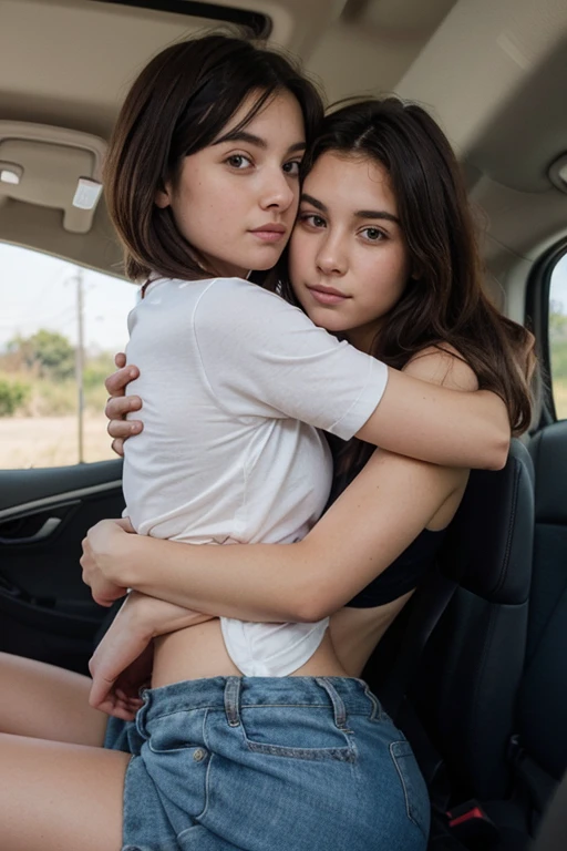 ((High-quality)), ((masterpiece)), ((a perfect face)), photo of a couple of s aged 6-7 years kissing passionately. a perfect face, perfect lips, perfect breasts. in the back seat of a car. Both dressed in long black_Skirt.
