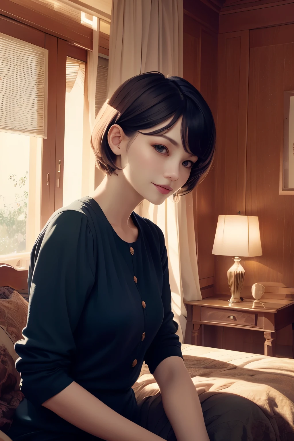 381 (20 year old woman),(short hair),(gentle smile),(high quality photos),( cinematic pictures playing on the lawn ),(colorful),(luxurious room),((contrast between light and shade))
