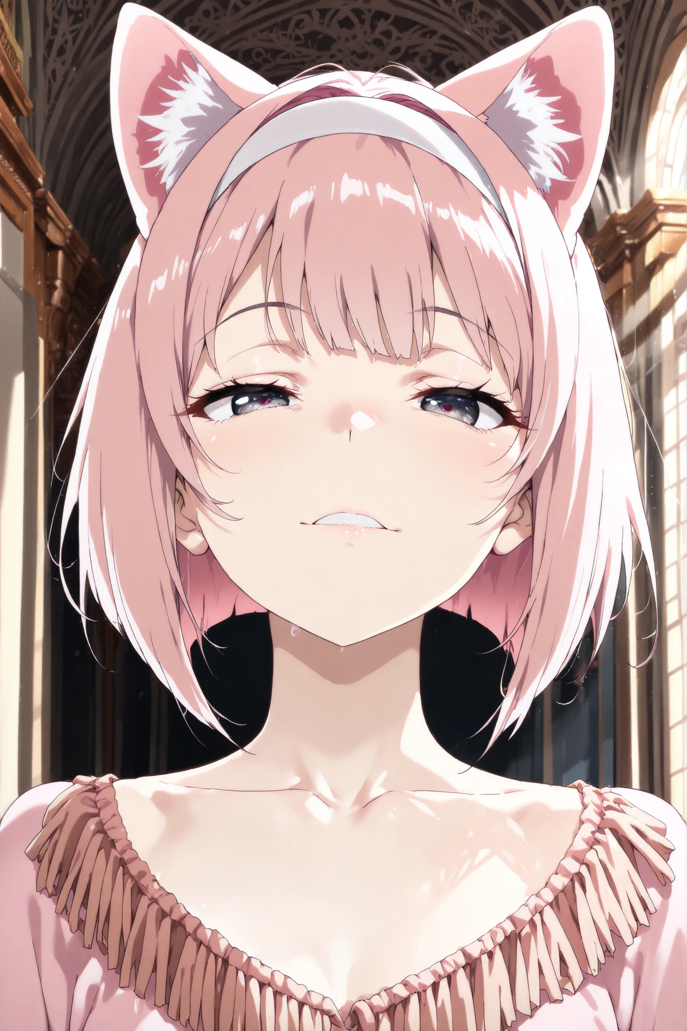 half body shot, mesmerized face, half closed eyes, adult face, cat ears, pale pink hair, bobcut hair, white hairband, front hair fringe, blueish grey eyes, pale pink long cat ears, volumous hair, (anime style), (masterpiece, best quality), amazing quality, (volumetric lighting, scenery), ((very detailed skin texture))