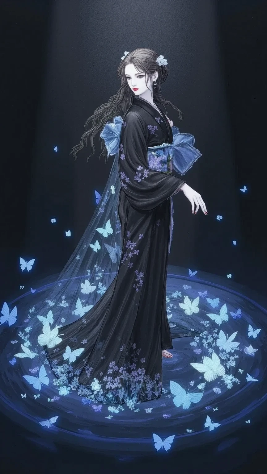 A woman in a kimono standing on a lake in the woods、solo、dark eyes、black hair、anatomically perfect、Beautifully illustrated fingers、Many sparkling blue butterflies that take off like they spring up with light from her feet、 twinkle、The background is a dim forest with gentle light shining in、quiet and fantastic atmosphere、Fantasy Art、Highest Quality、high image quality、masterpiece、16k、after being played in high definition、absurd、isometric drawing