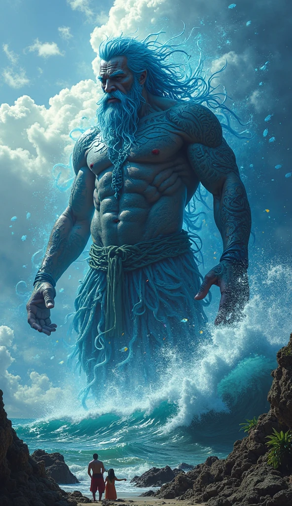 Poseidon creating a surfer made of water