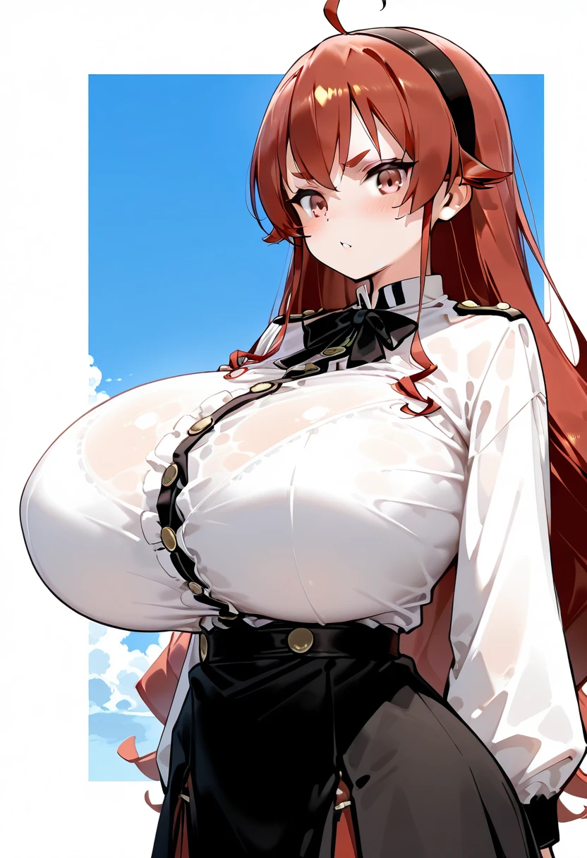 My name is Hikaru, I am a white test woman with long red hair and black eyes. I am 1.60cm tall and weigh 46kg. My breast sizes are 300 cm, my waist is 60 cm and my hips are 200 cm. Dressed in a low-cut gold and white princess dress with a fluffy skirt. With big breasts 300 cm