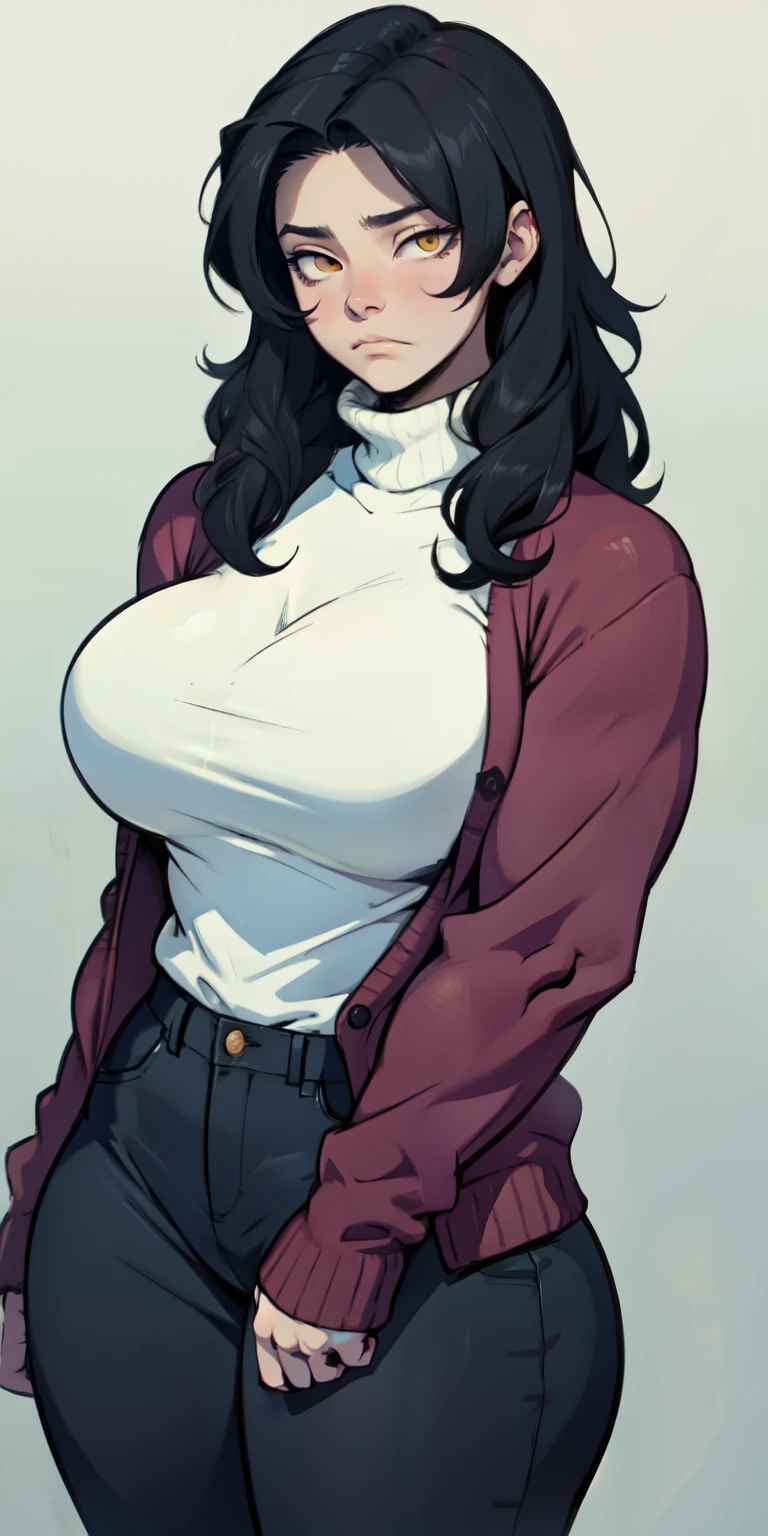  female anthro zebra ,Brown long fluffy hair, fluffy hair, zebra, big breasts, attractive,turtleneck sweater, turtleneck, skirt, lab coat, garter belt , thicc body, thicc body, thicc, freckles, freckles on face, neutral expression, smug eyes, she is  standing (thick thighs:1.5)