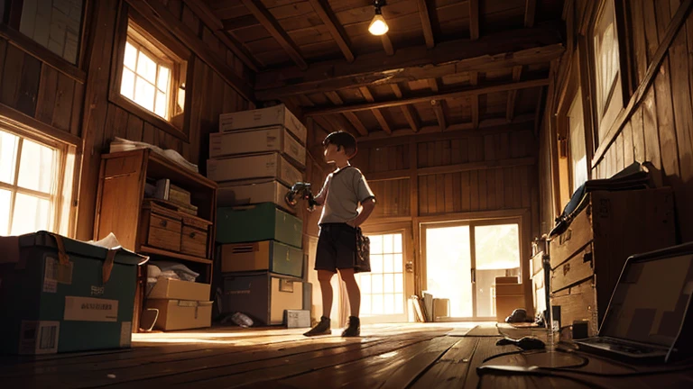 You are a master of children's picture books. It then depicts the following: A boy finds a magic key in a dark attic shed. ( 1 kid ,The attic is dark and full of weird old stuff, and there are even cobwebs in some corners