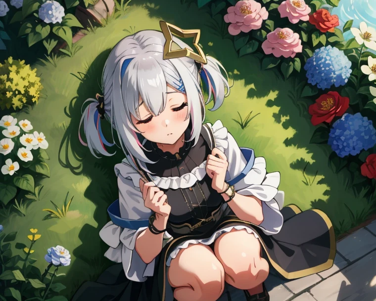 In the center of the flower, there sits a little child! How small and lovely a girl is! yinji, purple hair, purple eyes, long hair, white hair, double braids, gradient hair,