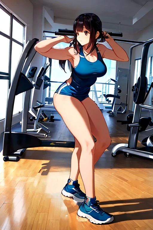 masterpiece, best quality, 1girl, tomboy, short hair, sports bra, thong, large breasts, smile, sneakers, stretching, exercise, indoors, gym, legs apart