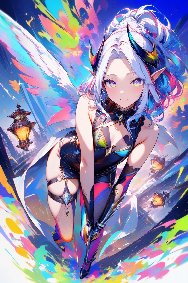 This number is the golden ratio,The face is also the golden ratio,cyan pupils,Big eyes of the water spirit,There is a pink star in the right eye,Pale pink lips,Delicate and cute nose,Pink Long Hair,Wear a white headband,There is a small red dragon horn at each end of the headband,He wears a white scarf,NASA is printed on the neck。,D-cups,Wearing a long white mink down dress,The arms are white and slender,Soft muscle lines,On his left wrist is Bulgari's emerald quartz watch,He wears a light blue bracelet on his right wrist,It has 02 printed on it,The smile is bright and moving,On the ring finger of the left hand, He wears a blue diamond ring,Two fair and slender legs,A small rose is tattooed on the inside of the left leg,Black stockings printed with butterflies are worn on the legs,He wears light blue high heels,Small dinosaurs grow on their feet,Stand under a clear starry sky,Fingers are the most perfect,The most fascinating