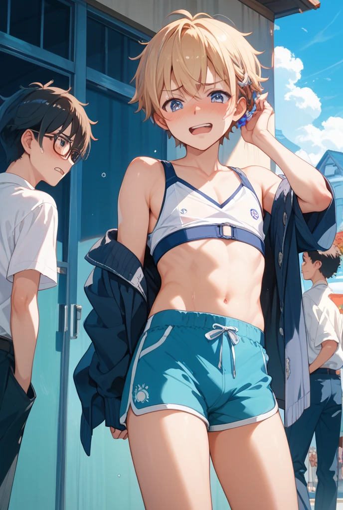 software, software version, masterpiece, high quality, An absurd solution, Panorama, Digital Painting, Three boys, Adorable,Liveliness、生き生きしてAdorable, A cute boy, cute, 10 years old, Shota, more Shota, Slightly muscular, No pants, No shirt, No coat, Character Focus.(Detailed Background:0.7), Male Focus, Human Male, (short hair, Blonde hair Blue eyes, Silver hair, golden eyes:1.2), (interior、classroom:1.1)Showing off his boxer briefs, The waistband of the boxer briefs「shota」it is written like this, athletic boxer briefs, Suggestive posture, Small bulge in boxer briefs, Cute bulge, cute boxer briefs, Cute boxer briefs designs, Pink Heart, Yellow star, long boxer briefs, see-through boxer briefs, More see-through, Translucent boxer briefs, More transparent, colorful boxer briefs, very colorful boxer briefs, Multicolored boxer briefs, Brightly colored boxer briefs, Tight boxer briefs, skin Tight boxer briefs, A tense look, Worried look, Embarrassing, sweating, sweating more, blush, blush more,