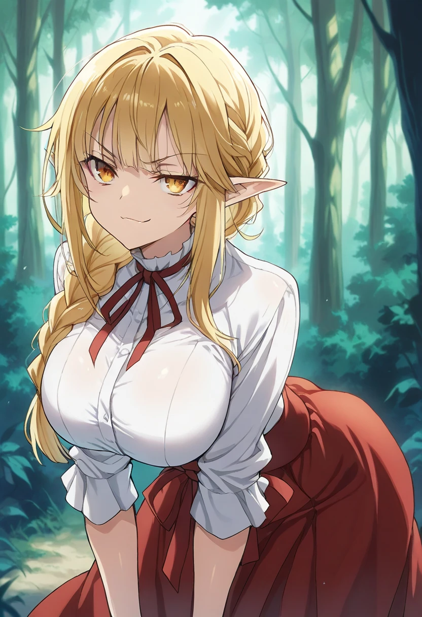 anime art style, (2d), ((masterpiece)), chupando delicioso pene grande,best quality, very aesthetic, absurdres, (dynamic shadows), (atmosferic), ((shikimorisan)), elinalisedragonroad, (1girl), blonde hair, long hair, ((drill hair)), red eyes, narrowed eyes, detailed eyes, pointy ears, ahoge, hair between eyes, bangs, big breasts, makeup, ((curvy body)), sweat, sexy, cleavage, , red skirt, white shirt, red tie, clothes lift, ahegao, tongue, saliva, ((cowboy shot)), (standing), from back, (night), (stars), (forest), looking at viewer
