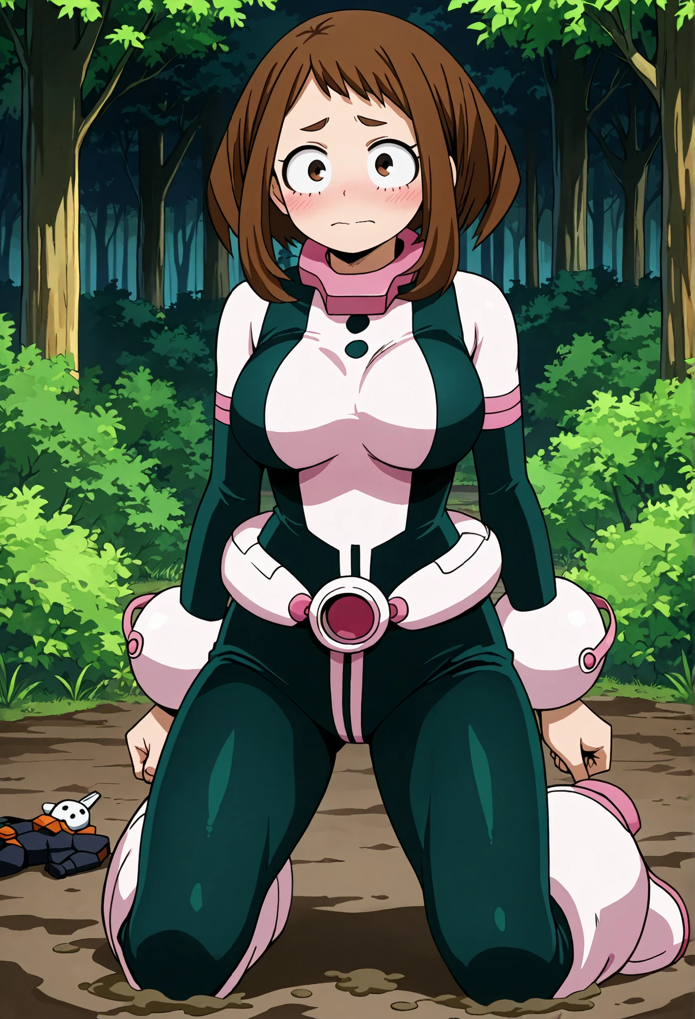 official style, Anime-Screenshot, Ochako Uraraka, 1 girl, brown hair, brown eyes, Allein, Superheld, hero suit, closed mouth, very large breasts, (F65), looks at the viewer, Kneels on a mud-covered ground, Out in front of a forest, it's raining heavily, It is night, Ochako Uraraka is smeared with mud, Ihr hero suit ist zerrissen, bare skin visible, Covered with charm her bare breasts, looks at the viewer with shame, looks embarrassed at the viewer,
