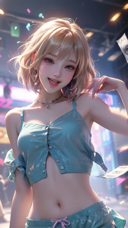 (Masterpiece, BestQuality:1.3), (ultra detailed:1.2), (hyperrealistic:1.3), (RAW photo:1.2), High detail RAW color photo, professional photograph, (Photorealistic:1.4), (realistic:1.4), (Pink Hair:1.5), professional lighting, perfect anatomy, (Big Breasts:1.2), (blush, detailed face), (cheerful Smile:1.5), Trending Hair&Trending Hairカラーをランダムに, earrings, necklace, bracelet, sexly, erotic sexly, Random sexy gravure poses, (A cheerful beauty wearing a pastel blue camisole and white shorts、Enjoying music and dancing at a festival、Heart-shaped necklace、Dancing pose with hands up。:1.3)
