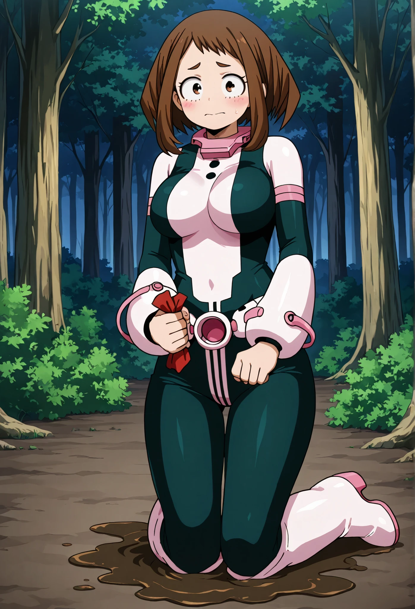official style, Anime-Screenshot, Ochako Uraraka, 1 girl, brown hair, brown eyes, Allein, Superheld, hero suit, closed mouth, very large breasts, (F65), looks at the viewer, Kneels on a mud-covered ground, Out in front of a forest, it's raining heavily, It is night, Ochako Uraraka is smeared with mud, Ihr hero suit ist zerrissen, bare skin visible, Covered with charm her bare breasts, looks at the viewer with shame, looks embarrassed at the viewer,