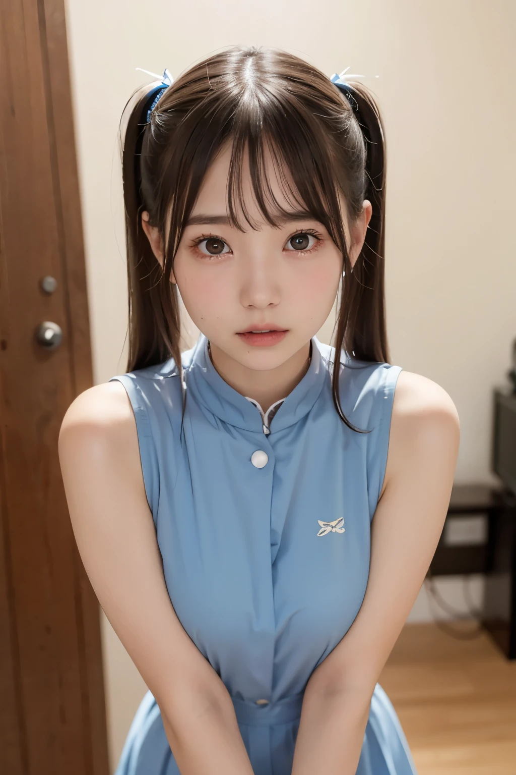 1 girl, black long ponytail, Wearing white sleeveless bodysuit, flat chest, meaty cameltoe, standing in a room alone, duck mouth, full-face blush, (8K quality), DSLR quality, front view, showing her breasts, in a bedroom, (shot from below), soft smile, cowboy shot, lower angle shot, she is looking down to camera, legs apart, posing like a fashion model