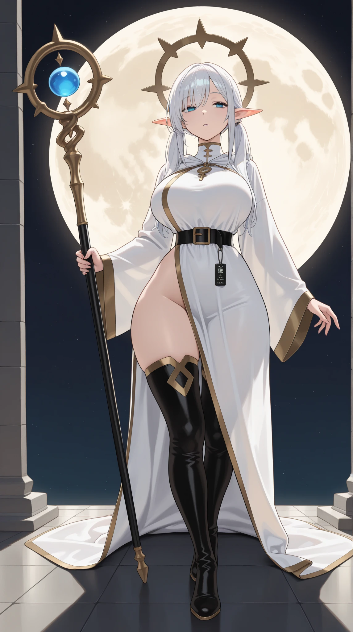 Female sharkgirl, fantasy race, large breasts, alone, long hair, eletric magic, cleric clothes,