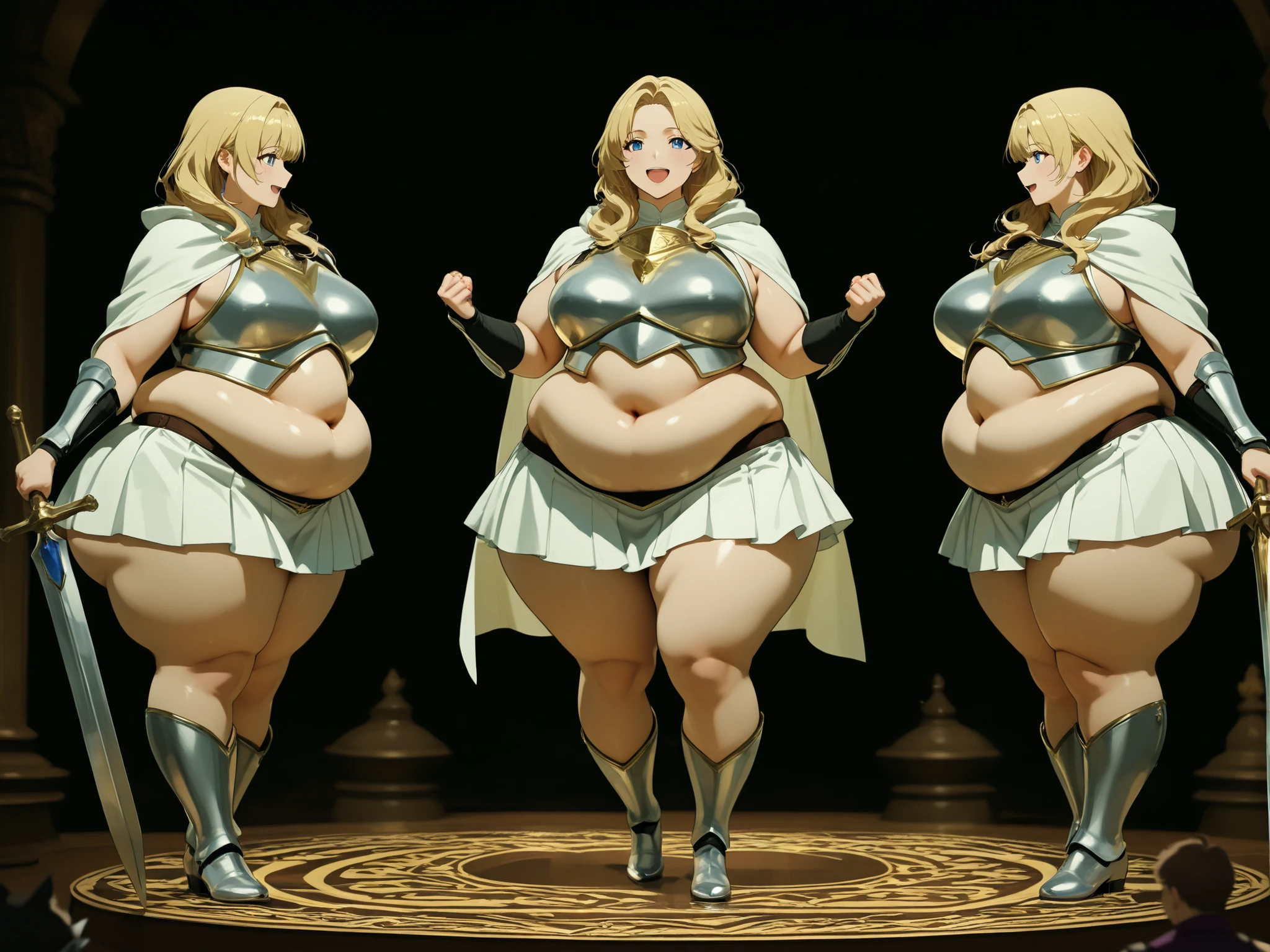 (Same character, front, side, back), (full body), generative front view, generative side view, generative back view, 3 view, female, extremely detailed, character reference sheet, black background, Extremely huge breasts, wide hips, huge ass, large thigh gap, Maternal, porcelain skin, sparkly skin, NSFW, thick thighs, curvy body, Massive Breasts, thin, muscular, thin waist, abs, Bare feet