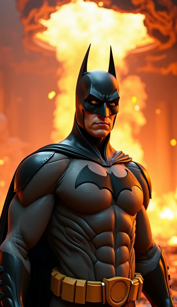 Boxer with Batman mask and boxing gloves on one side and in the background a whole city at night with the bat signal in the distance