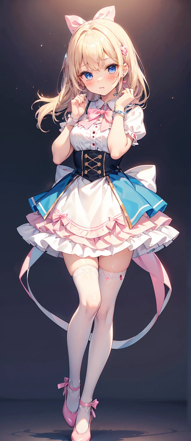 Anime girl in maid outfit, author:Anime painter studio, Anime cute art style, anime style portrait, Anime style 3D, Portrait of an anime girl, 在Anime painter studio绘制, Realistic anime art style,, anime portrait,victorian shirt,retro shirt,Close-up of the waist,k hd,4k,HighestQuali,lowerbody,Patterned white garters,Pleated skirt,