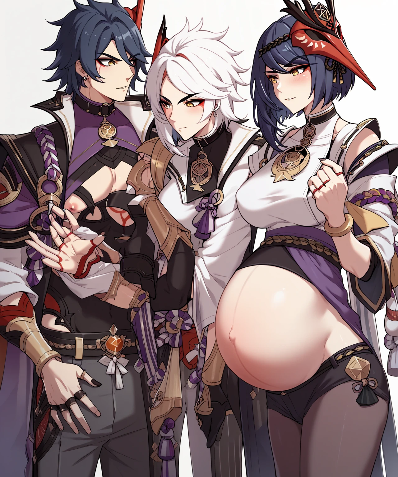 NSFW,detailed facial expressions、1girl(blush smile、navel tattoo,saliva,tattoo,devil tattooed,),NSFW,2boys(Exaggerated muscular build,big pectoral muscles、huge penis, handsome guy、grinning,grinning boy、look to side,silver hair,The tattoo,devil tattooed,)、big golden earrings、Golden Necklace、navel piercing,navel tattoo,spa,hot air,