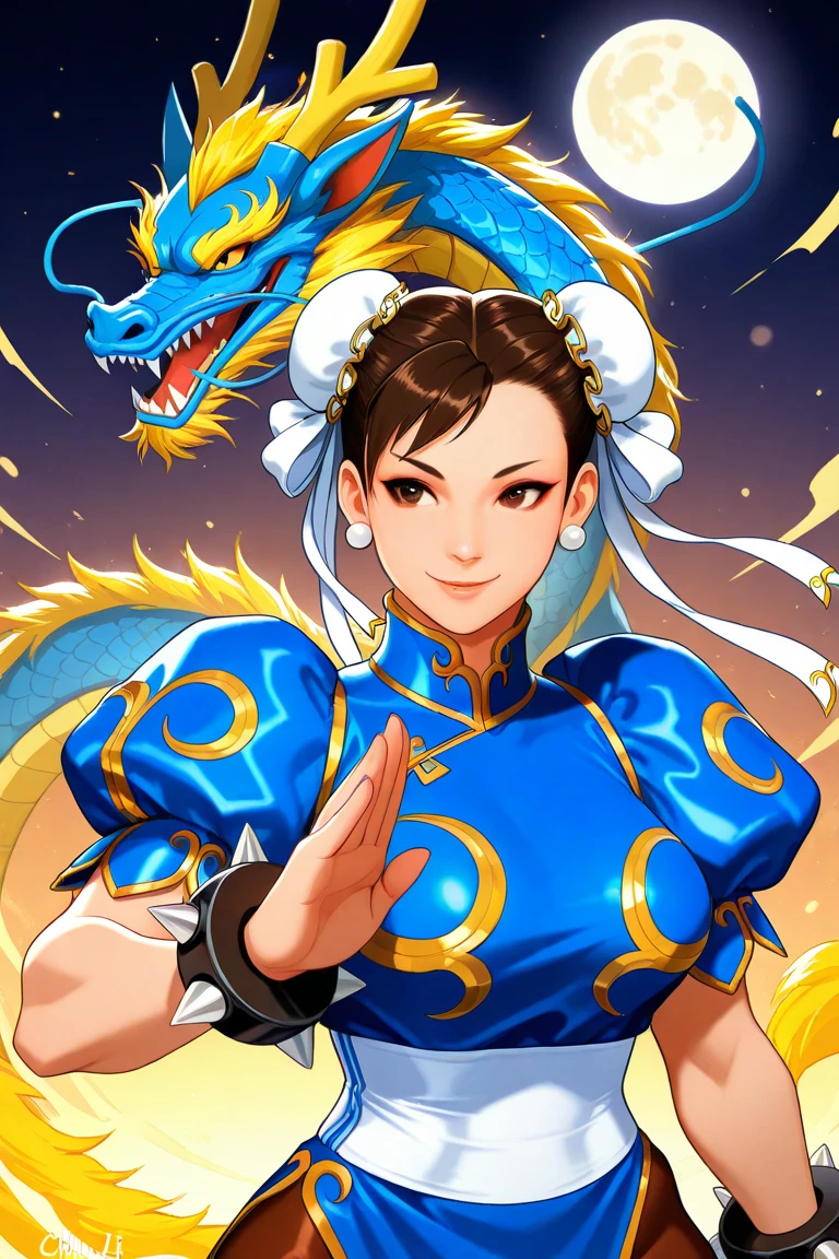 chun-li from street fighters series , white panty , fight in the streets , chinese dragon background , perfect eyes ,