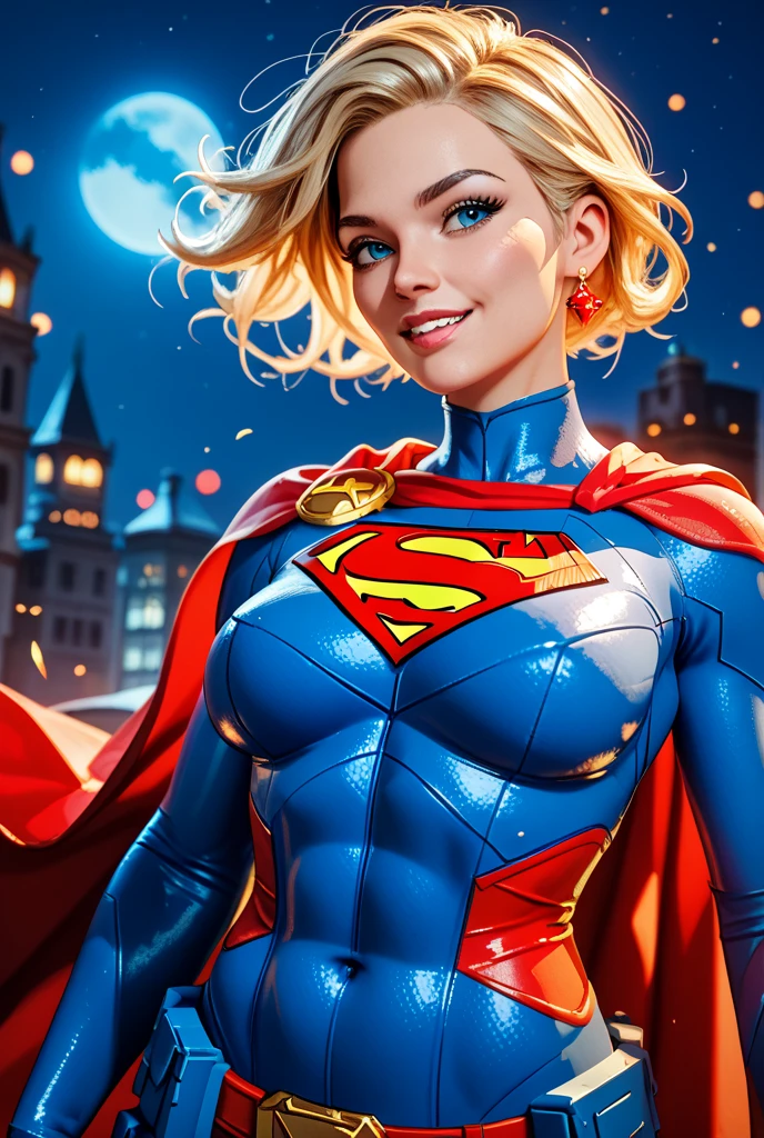 Two girls. Masterpiece. Two busty babes. Gloomy city, night, dim lights, under pouring rain. On skyscrapers roof tops, two busty babes are hugging. First, Supergirl in her signature blue and red outfit, with logo on chest and a red cape. Second, Power Girl in her signature white outfit with a cutout on the chest, red cape attached on left side of outfit. Two girls together. Girl power. Girl love. HD. High quality.