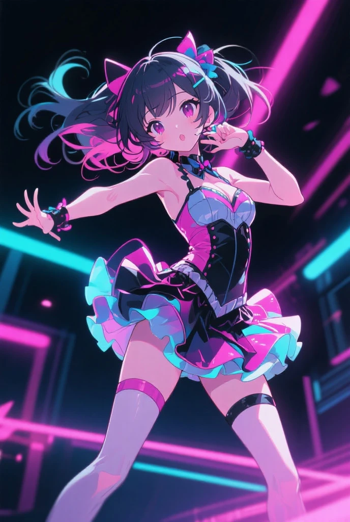 ((8k, Best Quality, Masterpiece: 1.3)), Ultra High Resolution, (1 girl, Single Person), (Color Changing Eyes, Super Detailed, Expressive Glow, Sparkling Eyes), Highly Detailed Eyes, "Create a Vtuber character with purple hair styled in her signature twin ponytails, tied with neon green hair bands that glow subtly in the room’s dim light. Her indigo eyes are tareme style, showing a mix of excitement and shyness as she smiles brightly at the camera, sharing a playful moment with her boyfriend. She is standing confidently with one hand on her hip, dressed in a neon blue crop top with holographic accents that catch the light, paired with a short, high-waisted skirt in vibrant pink with geometric patterns. The top reveals a hint of cleavage, adding a slightly daring touch to her otherwise cute style. The room is simple but enhanced with soft neon strip lights along the walls, and a small desk with a sleek, futuristic design, giving the setting a subtle cyber-inspired vibe."