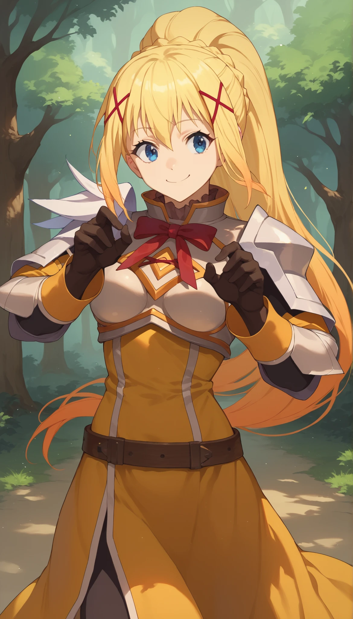 score_9, score_8_up, score_7_up, source_anime, solo, 1girl, darkness \(konosuba\), blonde hair, long hair, ponytail, white armor, yellow dress, armor, red ribbon, x hair ornament, brown metal belt, black glove, blue eyes, cool pose, smile, forest background