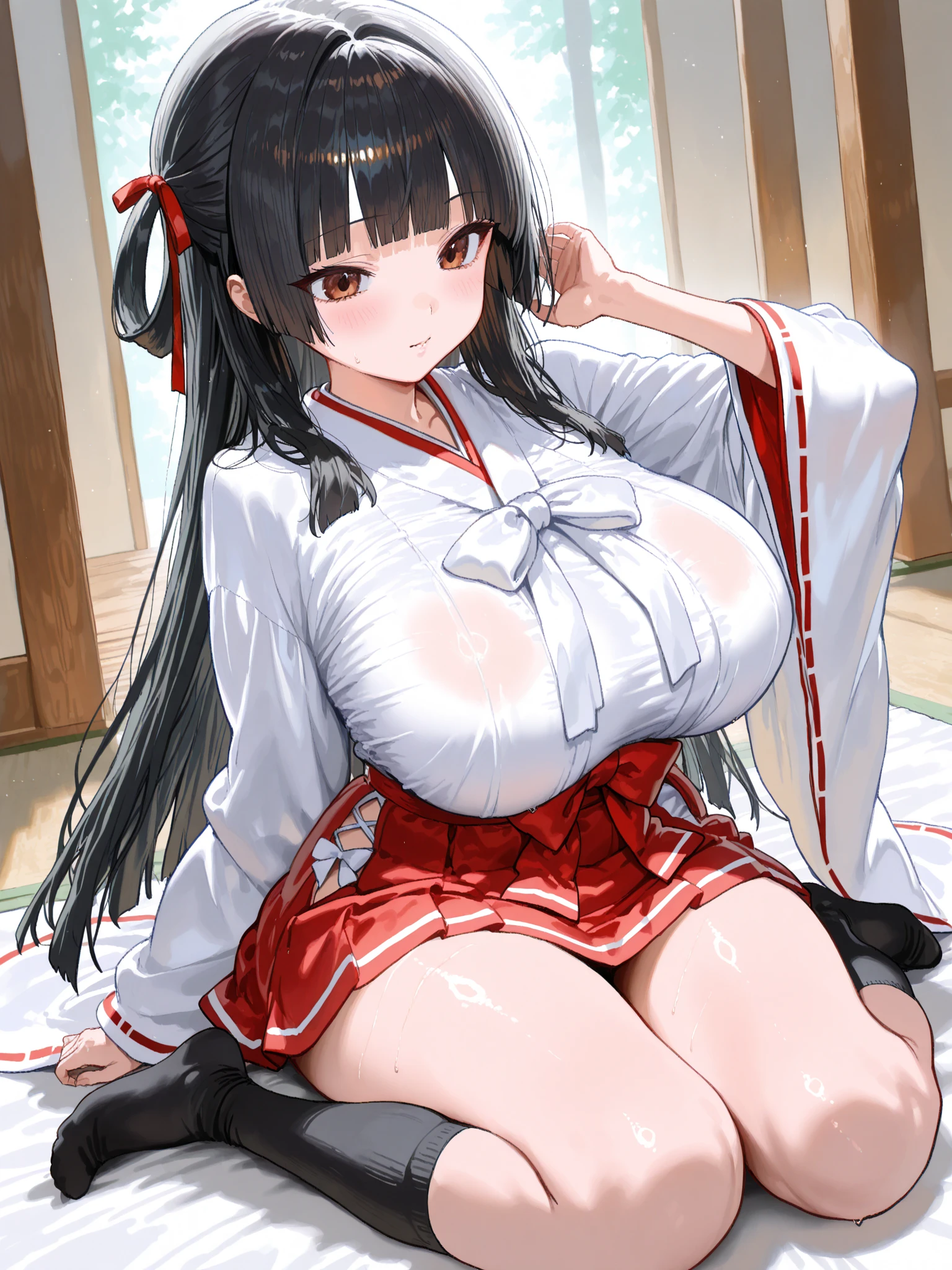 Big breasts, blush, flushed body Wet Skin Spread your legs One Girl Black Hair White fluid from nipples Black knee-high socks Thighs Collar with bell Milk coming out of the nipple sexy White fluid from pussy Heart Pupil Long Hair Tattoo of a heart under the navel The corners of the mouth are turned up Stick out your crotch Big nipples Fox Girl Shrine maiden outfit