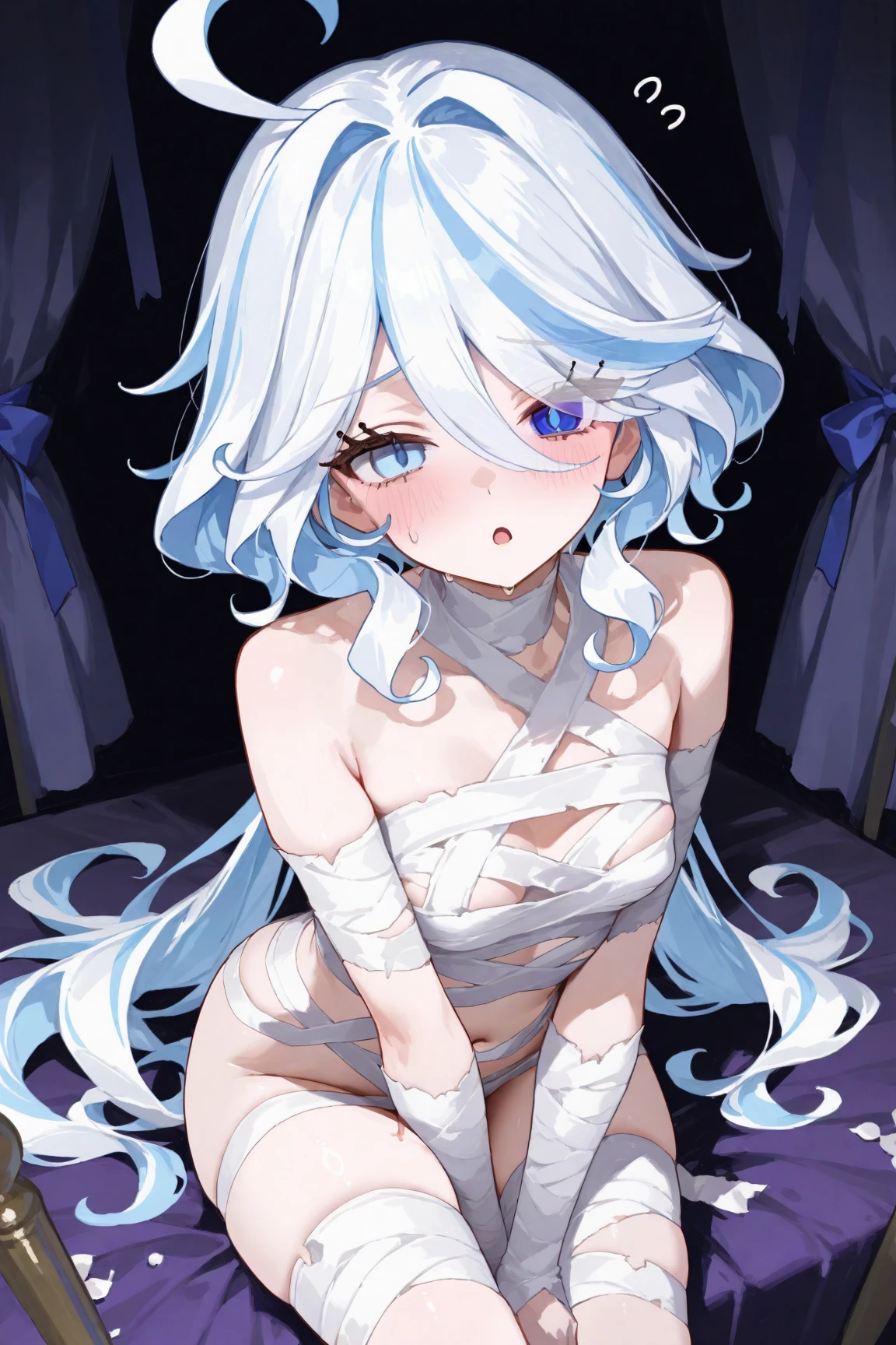 16k works,Highest quality,18-year-old,No background.White background only,whole body、sexy, One person, Beautiful Face,, Symmetrical eyes, Perfect body, Good balance、 Perfect body,naked、,whole bodyに包帯を巻いて、Like a mummy,sit