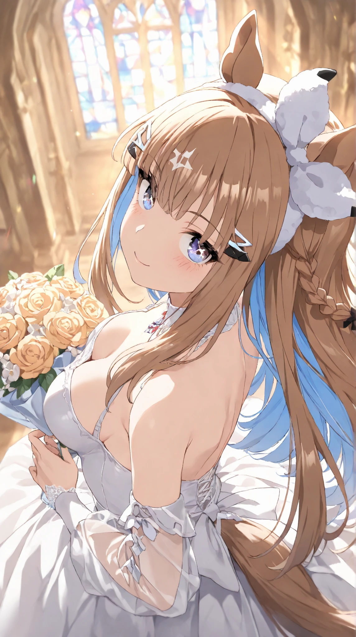 (((Masterpiece))), (((Highest quality))), ((Ultra-detailed)), ((Super fine illustration)), ((Ultra-fine painting)), (16K highest quality wallpaper:1.4), (Upper body:1.4), (Highly detailed and delicate illustration style:1.8), Detailed skin texture, Detailed cloth texture, Detailed rose flower texture, Extreme detailed description, (T-masterpiece), (Highly detailed face:1.4), (Highly detailed fox ears:1.2), (Highly detailed golden brown hair:1.2), (Highly detailed, beautiful and clear eyes:1.2), Original, RAW photo, Professional, Intricate details, Super details, Direct light:1.6, (Perfect ???????:1.4), (Highly detailed hands:1.2), (Highly detailed fingers:1.2), (Highly detailed fingertips:1.2), (27-years-old), Real, (Solo:1.6), ((A very beautiful and attractive fox female fashion model:1.4))
BRAKE
(Beautiful and adorable fox ears:1.6), (Highly detailed and delicate fox ears:1.4), (Beautiful and well-shaped big breasts:1.2), (Beautiful and well-shaped buttocks), (Beautiful and shiny golden brown hair:1.6), (Highly detailed and delicate golden brown hair:1.4), (Beautiful clear blue eyes that shine with great detail:1.6), (Highly detailed and delicate blue eyes:1.2), (Highly detailed face:1.4), (Smile:1.4), (Looking at viewer:1.4), (Standing:1.4), (Celebration:1.4)
BRAKE
((A beautiful and gorgeous princess dress that is detailed and delicate to be worn at celebratory occasions:1.4))
BRAKE
((Holding in both hands a large bouquet of highly detailed and delicate ((white and pink roses)):1.3))
BRAKE
(Just after noon:1.4), (Celebration:1.4), ((Highly detailed and delicate white rose flower and pink rose flower garden background:1.4)), (Highly detailed and delicate royal palace courtyard background in just after noon in spring:1.4) BRAKE 